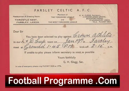 Farsley Celtic Football Club Team Official Players Selection Card 1951 - C24 - Image 2