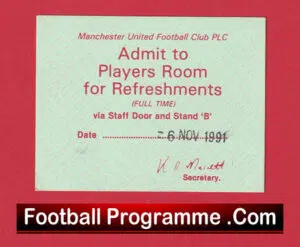 Manchester United v Atletico Madrid 1991 – Players Room Ticket ECWC