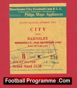 Manchester City v Barnsley 1984 – Football Ticket