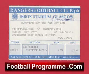 Glasgow Rangers v Gornik 1987 – Football Match Ticket