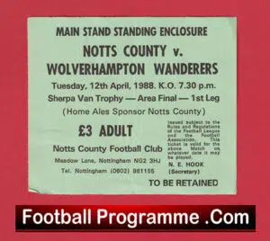 Notts County v Wolves 1988 – Trophy Cup Final Ticket