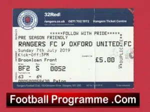Glasgow Rangers v Oxford United 2019 – Pre Season Friendly Ticket