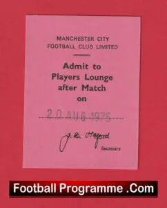 Manchester City Football Club Players Lounge Ticket 1975