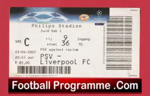 PSV v Liverpool 2007 – Ticket Netherlands Holland