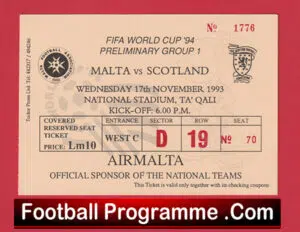 Malta v Scotland 1993 – Football Ticket