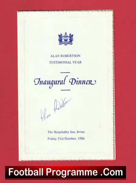 Alan Robertson Testimonial Inaugural Dinner Menu Kilmarnock 1986 Signed - Image 2
