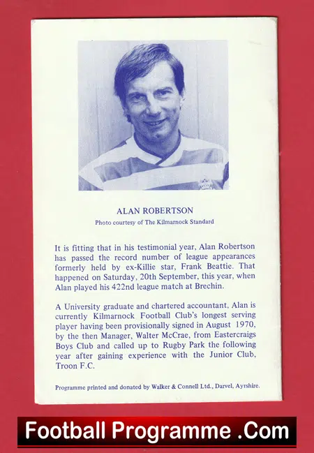 Alan Robertson Testimonial Inaugural Dinner Menu Kilmarnock 1986 Signed - Image 3