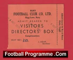 Bury Football Club Directors Box Football Ticket 1991