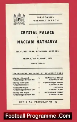 Crystal Palace v Maccabi Nathanya 1971 - Pre Season Friendly Jewish - football programme