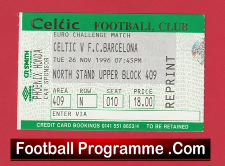 Glasgow Celtic v Barcelona 1996 - Fotball Ticket - Image 2