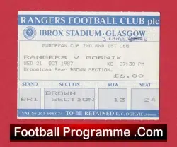 Glasgow Rangers v Gornik 1987 – Football Match Ticket