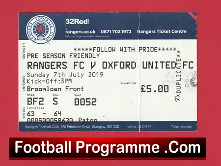 Glasgow Rangers v Oxford United 2019 - Pre Season Friendly Ticket - Image 2