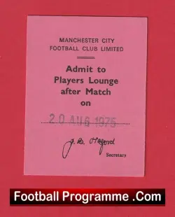 Manchester City Football Club Players Lounge Ticket 1975