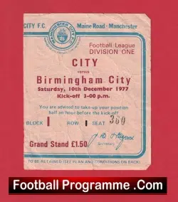 Manchester City v Birmingham City 1977 – Football Ticket