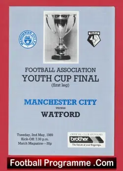 Manchester City v Watford 1989 - Youth Cup Final First Leg - football programme