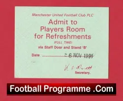 Manchester United v Atletico Madrid 1991 – Players Room Ticket ECWC