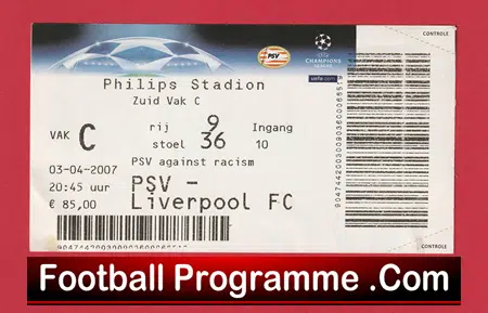 PSV v Liverpool 2007 - Ticket Netherlands Holland - Image 2
