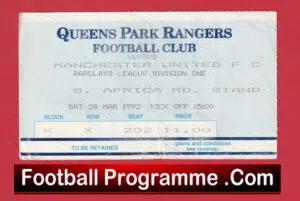 Queens Park Rangers v Manchester United 1992 – Match Ticket