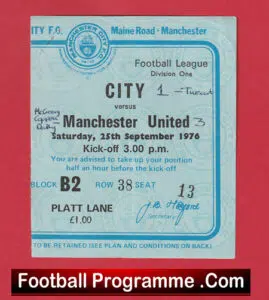 Manchester City v Manchester United 1976 – Match Ticket