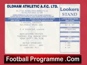 Oldham Athletic v Manchester United 1993 – Football Ticket