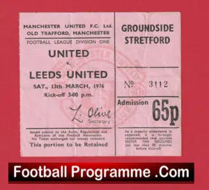 Manchester United v Leeds United 1976 – Man Utd Match Ticket