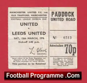 Manchester United v Leeds United 1976 – Man Utd Football Ticket