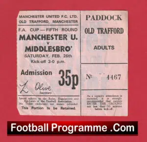 Manchester United v Middlesbrough 1972 – Match Ticket 1970s