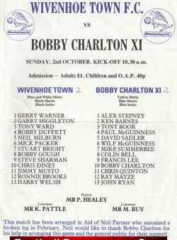 Wivenhoe Town v Bobby Charlton X1 1980s – Charity Match