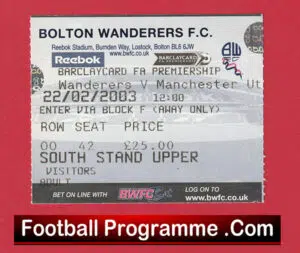Bolton Wanderers v Manchester United 2003 – Match Ticket