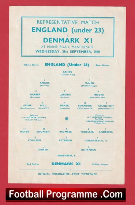 England v Denmark 1960 – U23 Bobby Moore Debut + Bobby Charlton