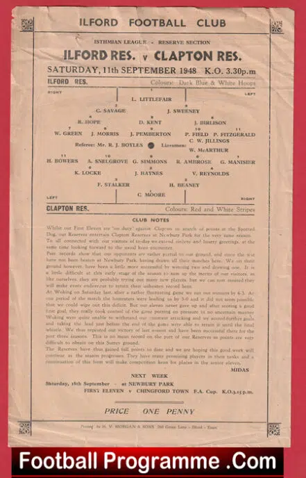 Ilford v Clapton 1948 – Reserves Match