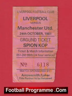 Liverpool v Manchester United 1981 – Match Ticket