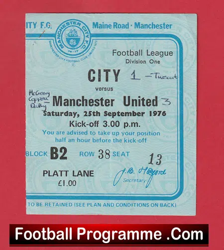 Manchester City v Manchester United 1976 - Match Ticket - Image 2