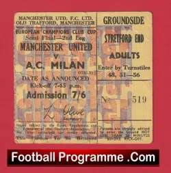Manchester United v AC Milan 1969 Ticket European Cup Semi Final