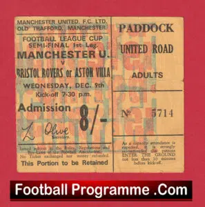 Manchester United v Aston Villa 1970 – League Cup Semi Final Ticket