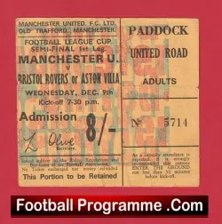 Manchester United v Aston Villa 1970 – League Cup Semi Final Ticket