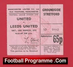Manchester United v Leeds United 1976 – Man Utd Match Ticket