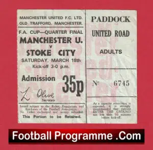 Manchester United v Stoke City 1972 – FA Cup Quarter Final Ticket