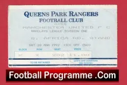 Queens Park Rangers v Manchester United 1992 - Match Ticket - football memorabilia
