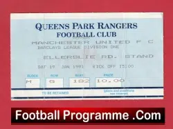 Queens Park Rangers v Manchester United 1991 - Football Ticket - football memorabilia