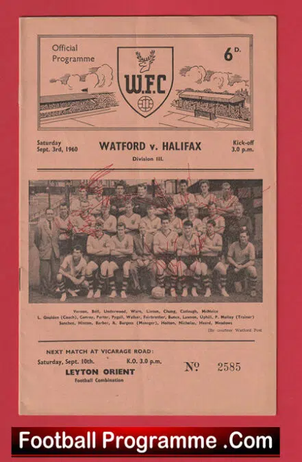 Watford v Halifax Town 1960 – Multi Autographed Signed