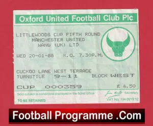Oxford United v Manchester United 1988 – LC Match Ticket