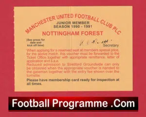 Manchester United v Nottingham Forest 1990 – Man Utd Junior Members Ticket