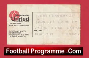Manchester United v Birmingham City 1976 – 1970’s Match Ticket