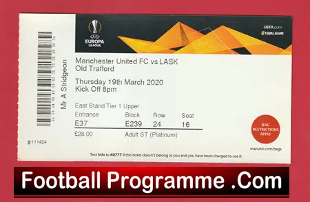 Manchester United v Lask 2020 - Europa Match Ticket Covid Season - Image 2