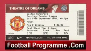 Manchester United v Bolton Wanderers 2008 – Match Ticket