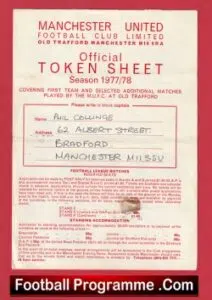 Manchester United Official Token Sheet 1977 – 1978 + Tokens