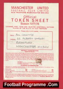 Manchester United Official Token Sheet 1977 – 1978 + Tokens