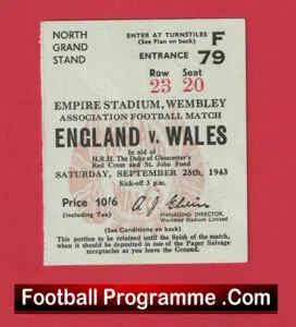 England v Wales 1943 – 1940s Football Match Ticket