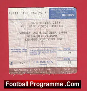 Manchester City v Manchester United 1986 – Match Ticket